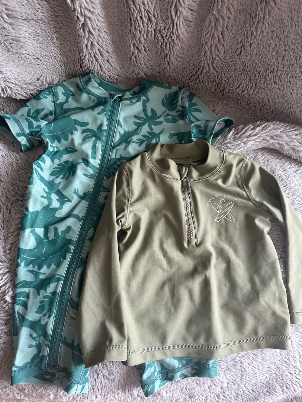Bundle Green Dino Zip Swimsuit & Olive Rash Guard Set